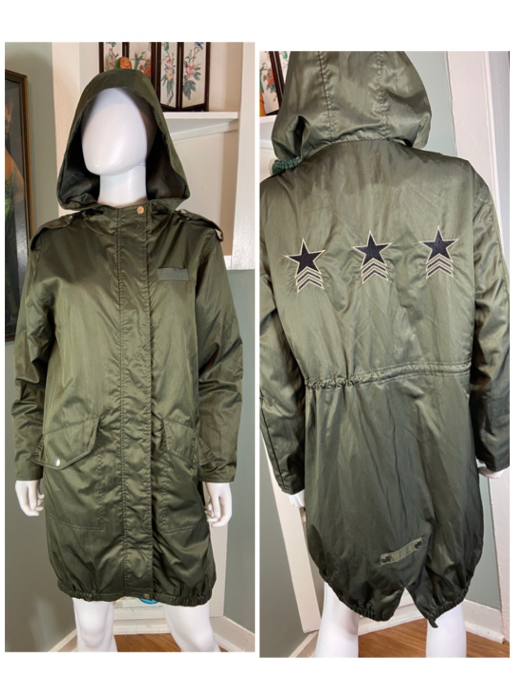 Mint Velvet Olive Green Military Star Hooded Anorak Parka Long Jacket Women’s 8